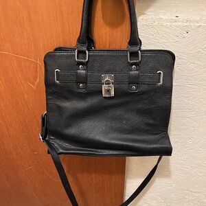 Black Leather Handbag with Lock Detail